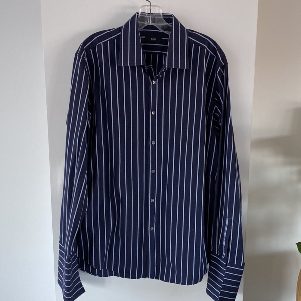 BOSS HUGO BOSS navy blue stripe cotton dress shirt new 17.5”